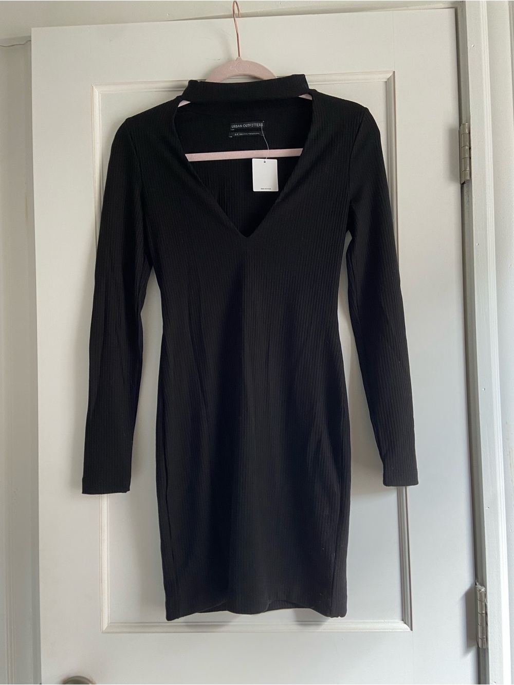 Urban Outfitters Black Ribbed V-Neck Long Sleeve Bodycon Dress